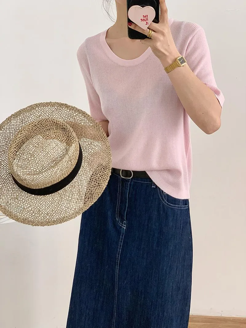 Women's Sweaters Summer Thin Wool Blend Knitting Top Women 2023 Great Quality Female Round Neck Half Sleeve Stretch Sheering Casual Tee