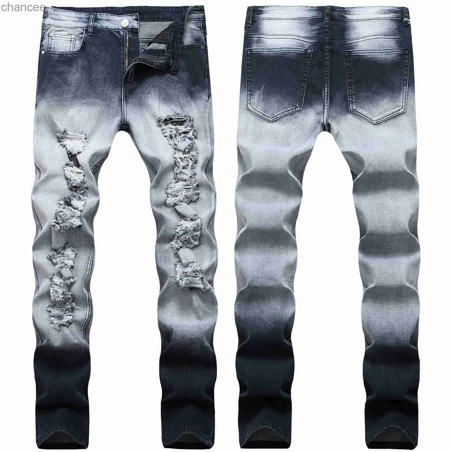 Jeans blu grigio da uomo di alta qualità Pantaloni slim fit in denim elasticizzato Jeans casual classici Pantaloni jeans sexy strappati moda di strada; HKD230829