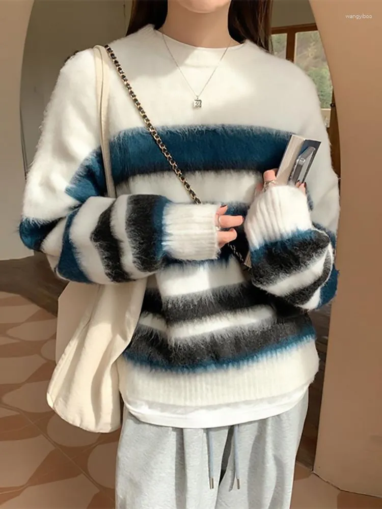Women's Sweaters Winter Fall Fashion Striped Sweater Office Lady Long Sleeve Loose Casual Mohair Comfortable Cozy Soft Knitted Pullovers