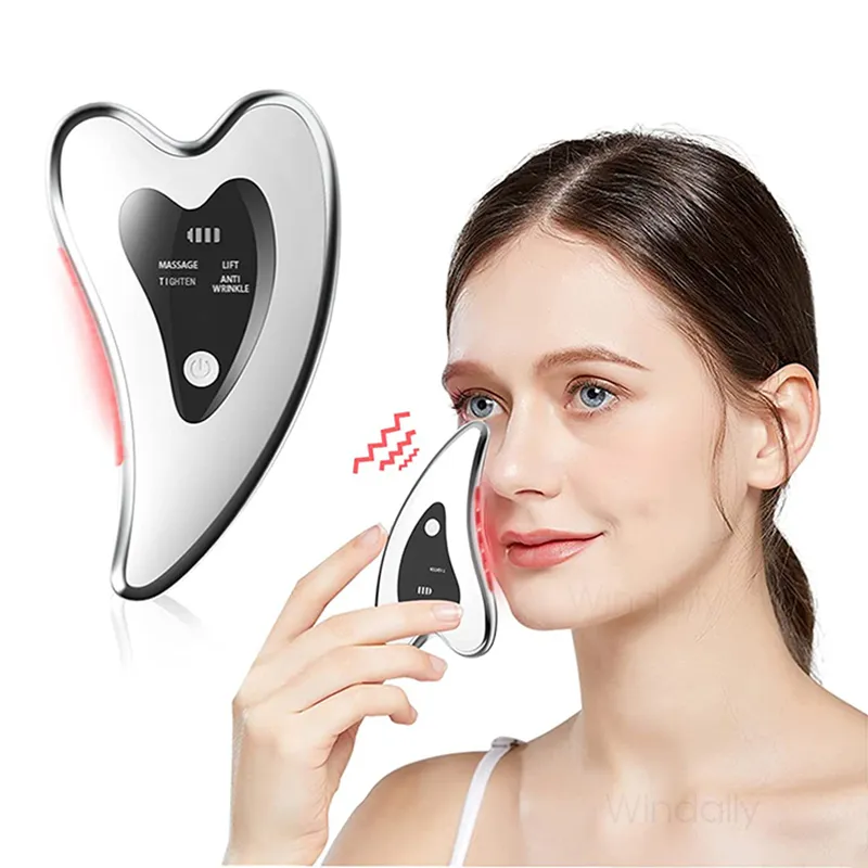 Appareils de soins du visage 4 en 1 électrique Gua Sha masseur de visage outils de grattage de vibrations chauffées Anti rides double menton dispositif de levage du visage 230828