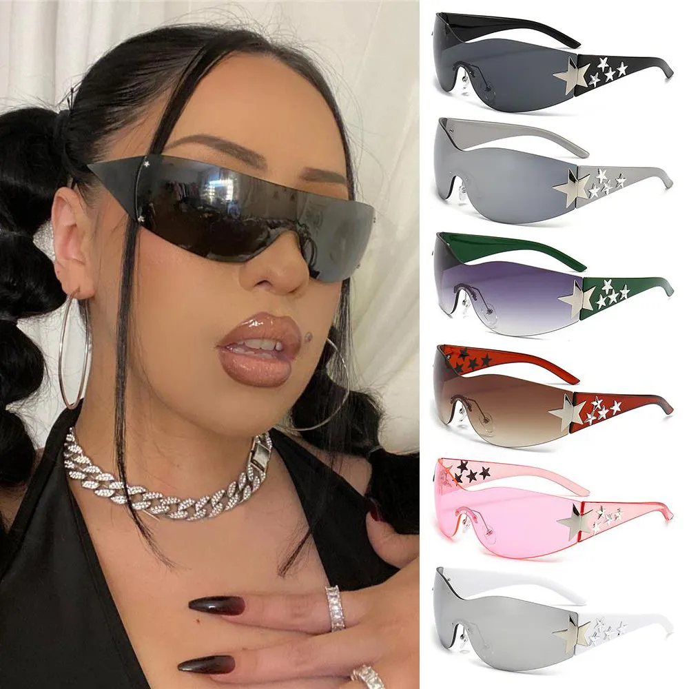 Y2K Gafas de sol para mujeres y hombres de moda sin montura Star Punk de una pieza gafas de gran tamaño envolvente alrededor de sombras de los años 2000 UV400 sombras