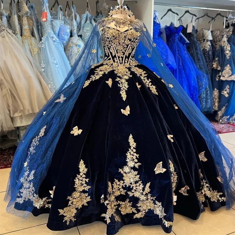 Темно -синие блестящие платья Quinceanera Формальные бисера золотые кружевные приспособления Bow Sweet 15 платья выпускной бал Gwon