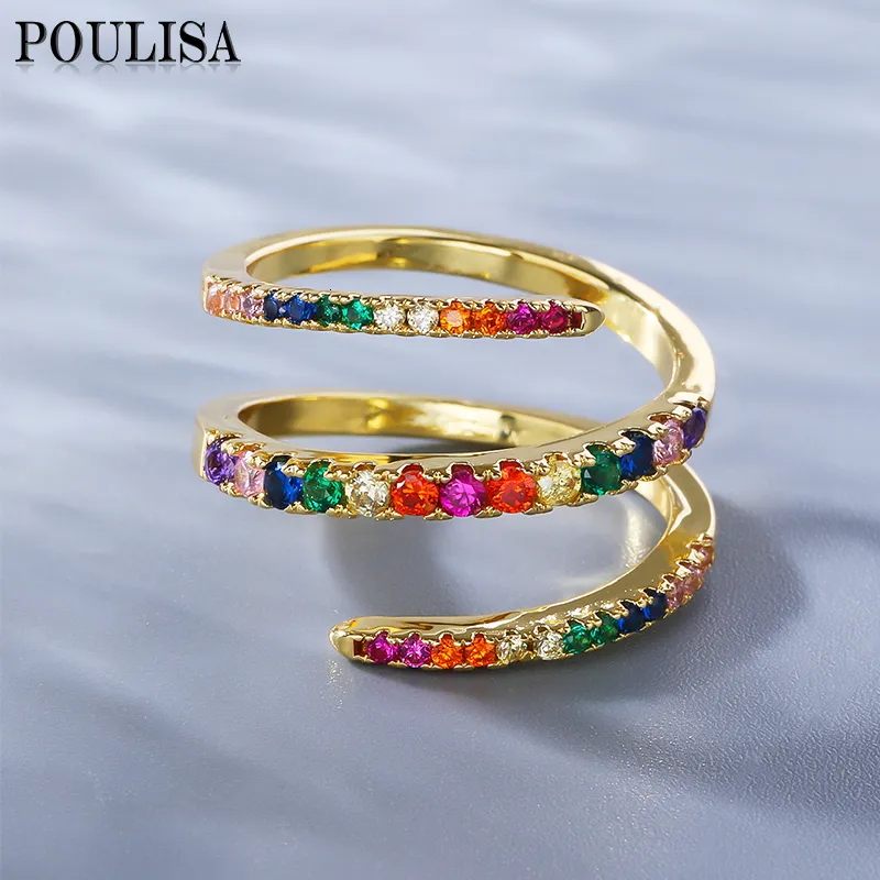 Band Rings Poulisa Geometric Multicolor Colorful CZ Zircon Gold Color Party Gift Charm Finger Rainbow Colored Opening Ring 230828