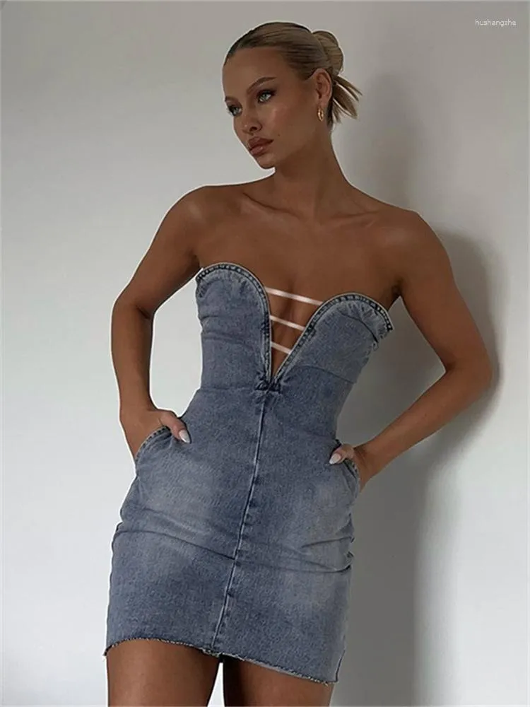 Fashionable Blue Denim Backless Bodycon Dress for Women Fashionable Blue Denim Backless Bodycon Dress for Women