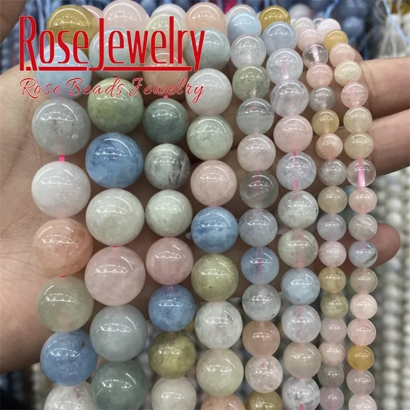 Łańcuchy aaaaa naturalne koraliki kamienne morganite okrągłe luźne elementy dystansowe do biżuterii Making 15 cal Strand 4 6 8 10 12 mm DIY Bransoletka Akcesoria 230828