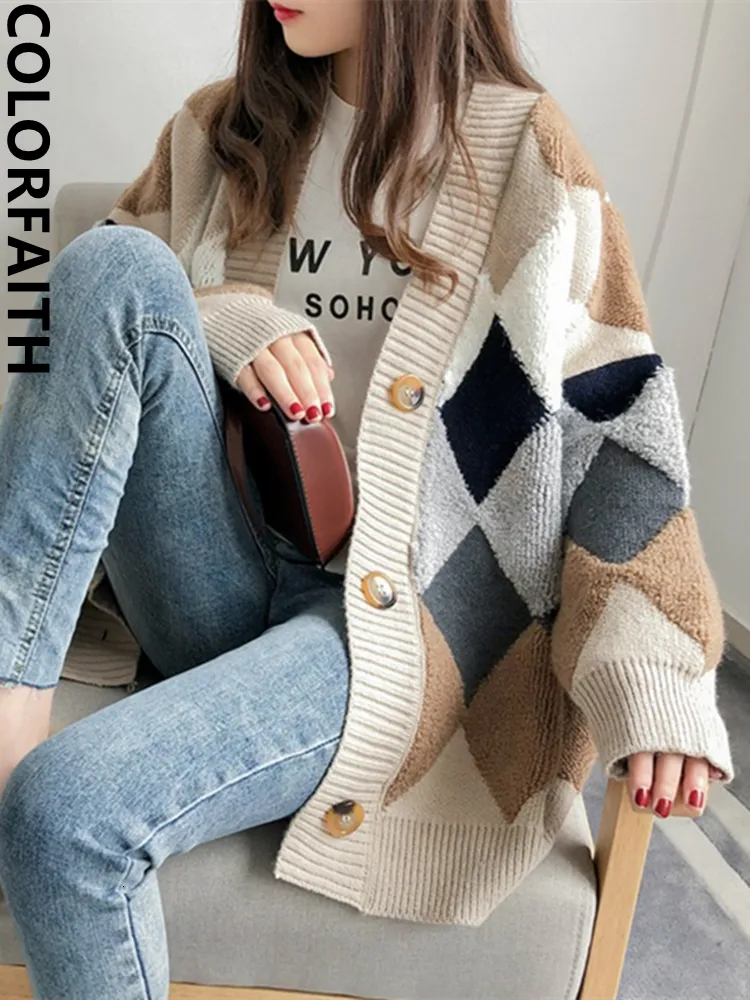 Womens Knits Tees Colorfaith Xadrez Chic Cardigans Botão Puff Sleeve Checkered Oversized Sweaters Winter Spring Sweater Tops SW658 230828