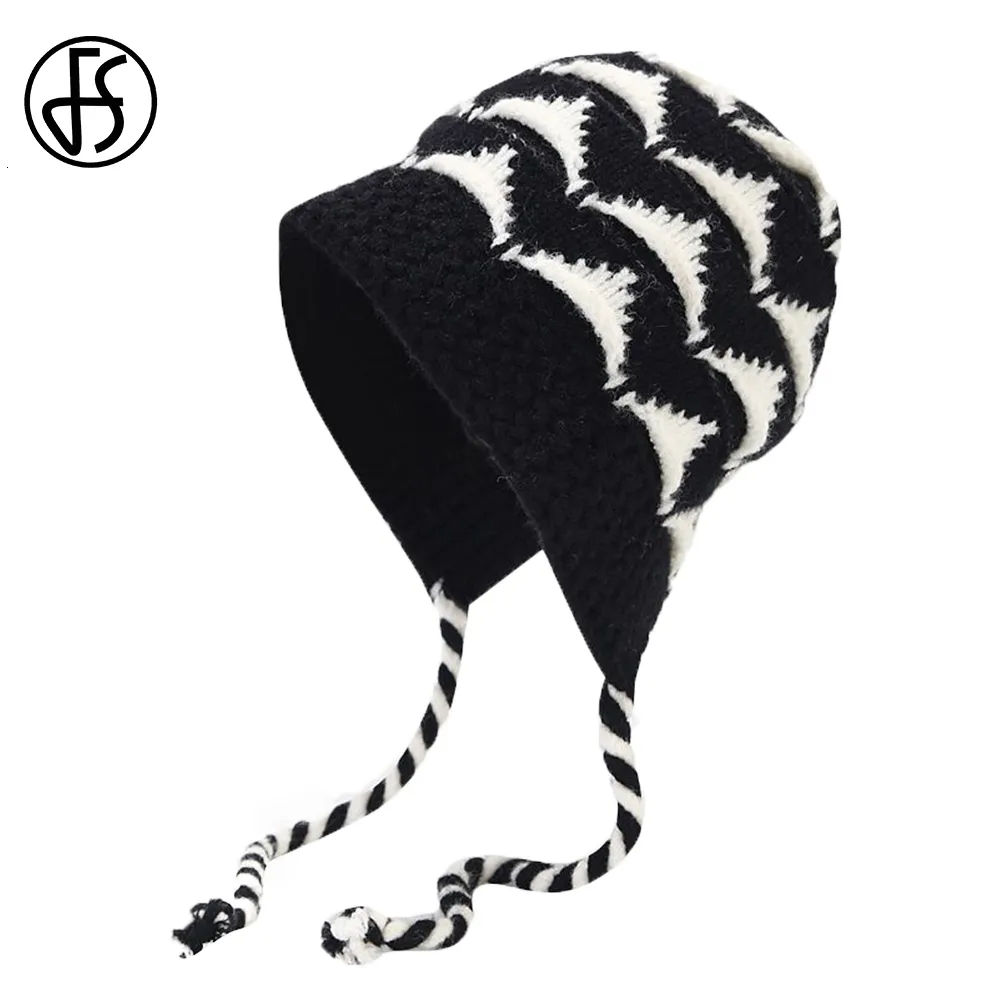 Beanie/Skull Caps FS Winter Women Black White Knitted Hat Outdoor Ear Protection Versatile Woolen Hats Fashion Long Decorative Band Warm Beanie 230829