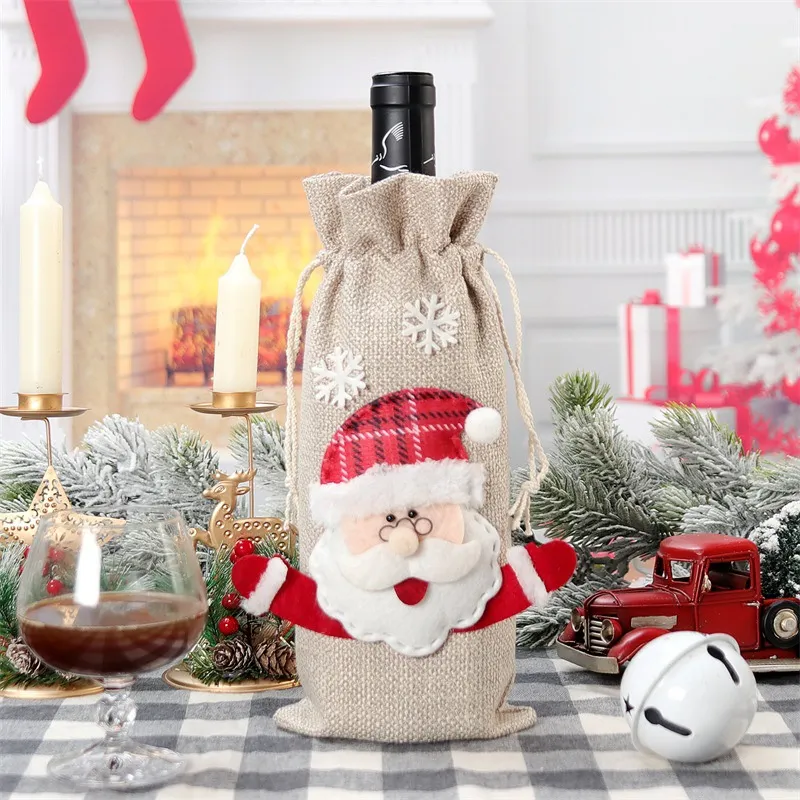 Christmas Wine Gift Bags Burlap Drawstring Wine Bottle Bags with Rope for Xmas Gift Holiday Parties