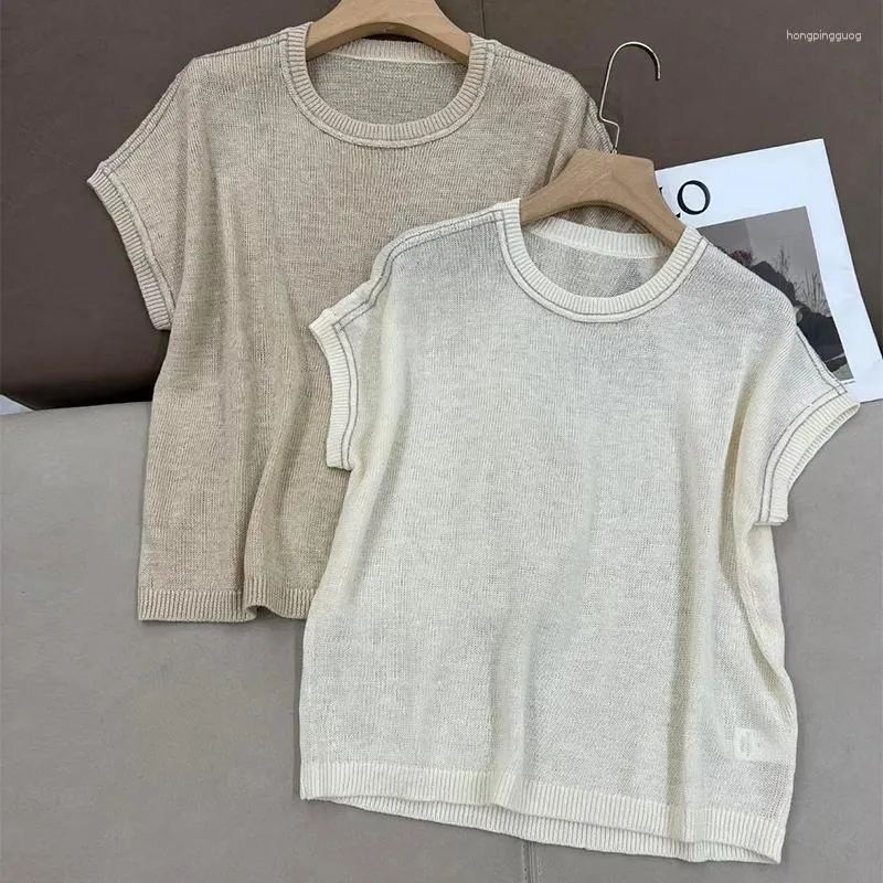 Women's T Shirts Women Simple Short Sleeve Linen Tops 2023 SS Casual O-neck Beaded Knitted Pullover Solid Color Fashion Loose Vintage