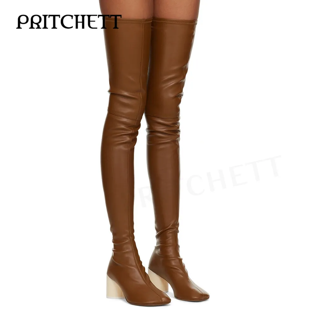 Bottes Tan Stretch Anatomique Sur Le Genou Multicolore Talon Rond Haute Sexy Grande Fête De Mode Grande Taille Femmes 230829