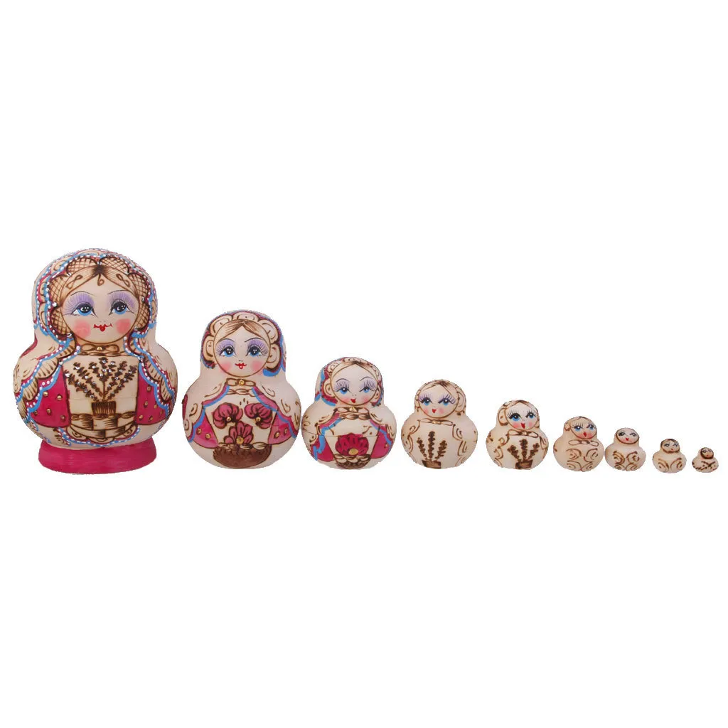 10pcs Set Russian Dolls Matryoshka Nesting Toy Painted Trees Wood