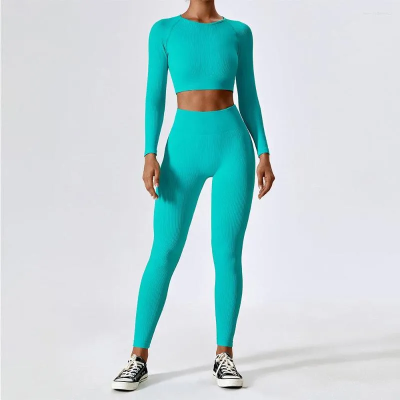 Conjuntos ativos com nervuras conjunto de yoga feminino treino roupas esportivas ginásio fitness manga longa colheita superior cintura alta leggings ternos esportivos treino