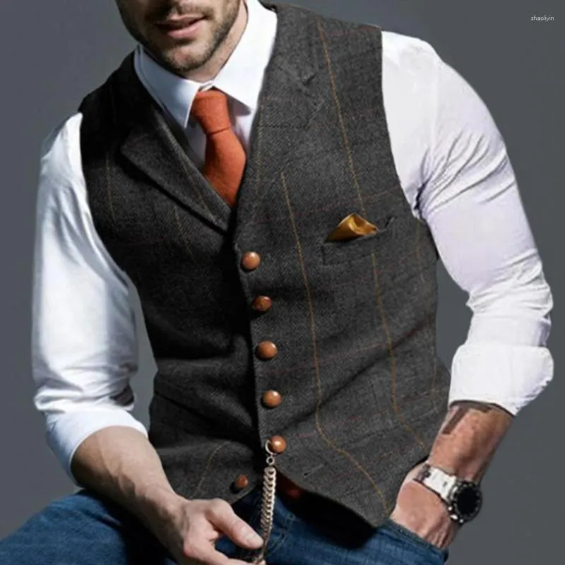 Gilets pour hommes Veste d'impression à carreaux Élégant Gilet d'affaires à boutonnage unique Slim-Fit Col en V Conception de revers pour les mariages de garçons d'honneur formels