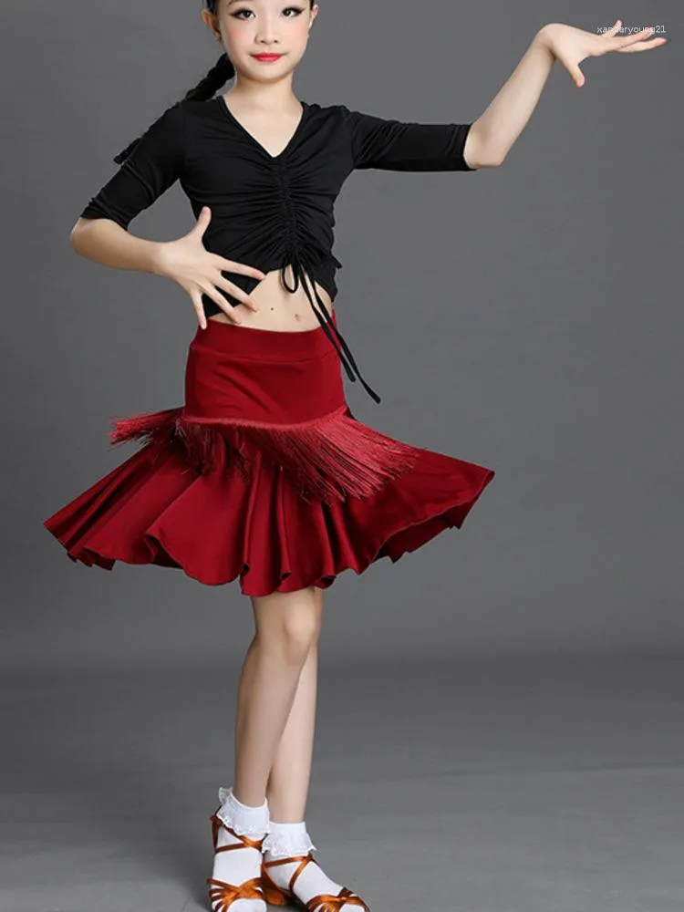 Stage Wear Children Solid Color Latin Dance Skirts Belly Costume Clothes High Waist Girl Kids Competition Tassels Clothing Women Girls