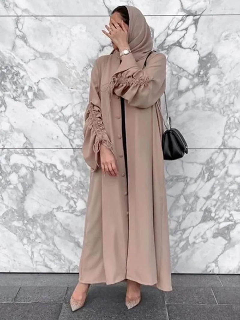 Etniska kläder Ruched ärmar Dubai Abaya Open Front Kimono Islamiska muslimska kvinnor Ramadan Eid Hijabi Robe Kaftan Turkish Modest Outwear