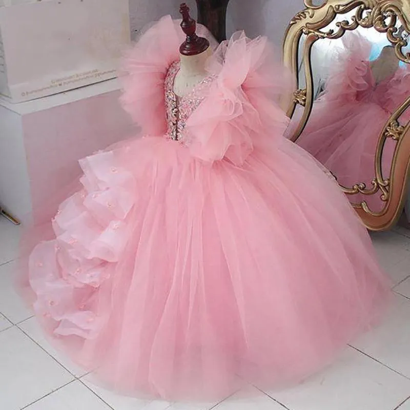 Dziewczynki sukienki w szyku różowe koronkowe kryształy kwiatowe kulki Tiul Little Wedding Komunia Komunialne suknie