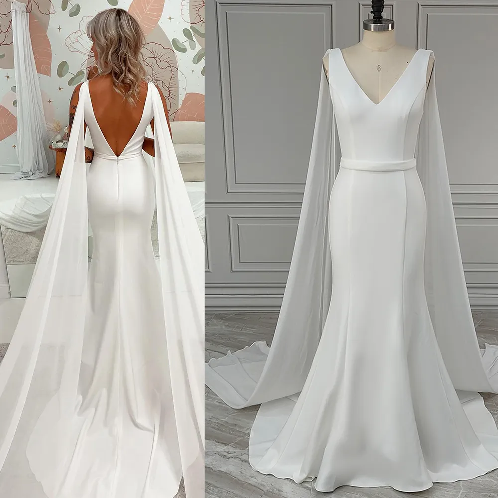 Abiti sexy urbani Scollo a V Colonna Abito da sposa in crepe Ali di spalla in chiffon staccabili Cintura su misura Abiti da sposa semplici in raso senza schienale 230828