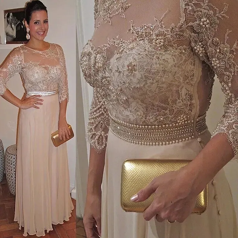 Plus Champagnergröße Lace Mutter der Braut schiere Schaufel Hals Perlen Abschlussball Kleider eine Linie bodenlange Lange Chiffon Formale Kleider Abendkleider