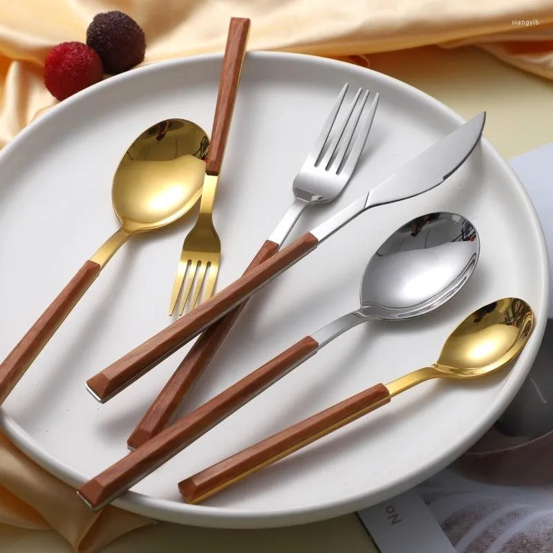 Serviessets Ins Houten handvat Mes, vork en lepel Set Japans Koreaans roestvrij staal Westerse dessertsoep Steak