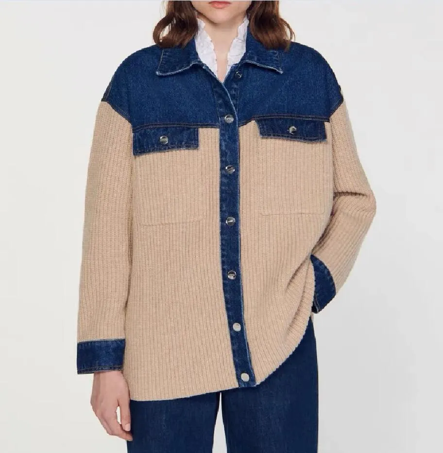 San*Dro Denim Patchwork Jacket: Color Blocked Collar Shirt San*Dro Denim Patchwork Jacket: Color Blocked Collar Shirt
