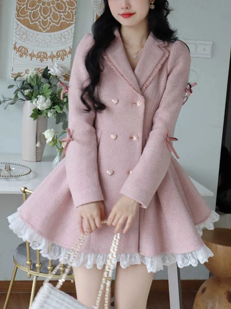 Chaud hiver rose doux élégant Dres dentelle Style coréen fête Mini robe femme à manches longues France Vintage mignon manteau 230808