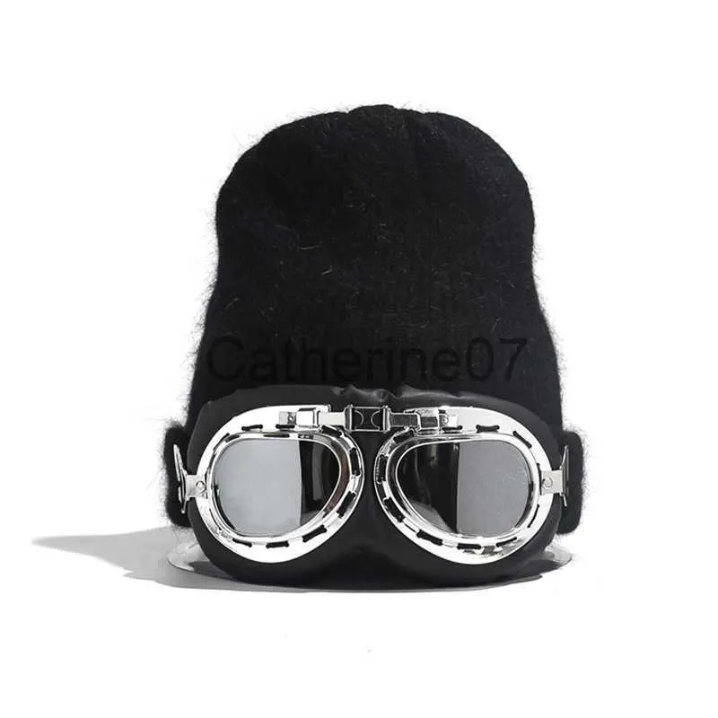 Stingy Brim Hats Winter Hats for Men's Women's Warm Rabbit Fur Knitted Beanie Outdoor Ski Mask Pullover Cap Glasses Streetwear Wool Caps J230829