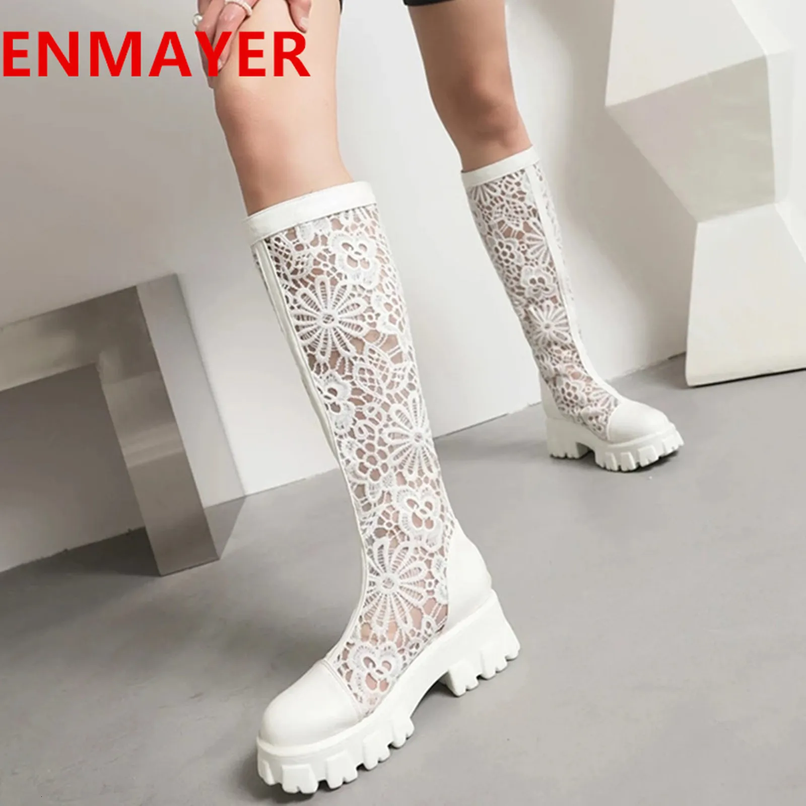 Stiefel Atmungsaktiv Sexy Spitze Muster Nähen Pu Damen Knie Polyurethan Sohle Zurück Reißverschluss Mesh Blume Sommer Kühl Lang 230829