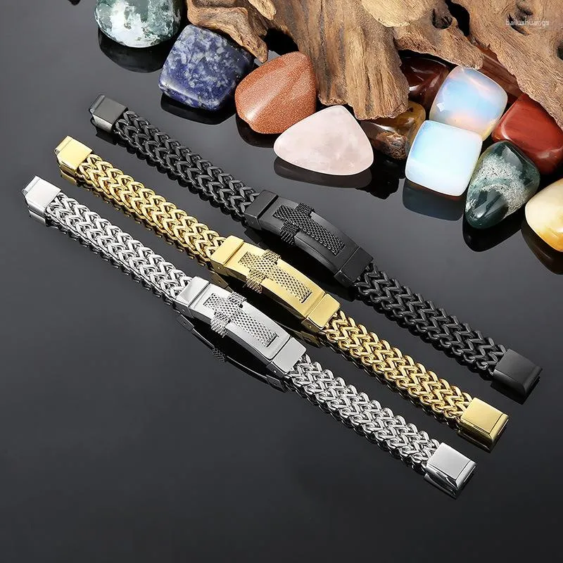 Bracciale rigido da uomo bracciali gioielli in acciaio inossidabile croce color oro braccialetto con ciondolo catena a maglia moda per regalo
