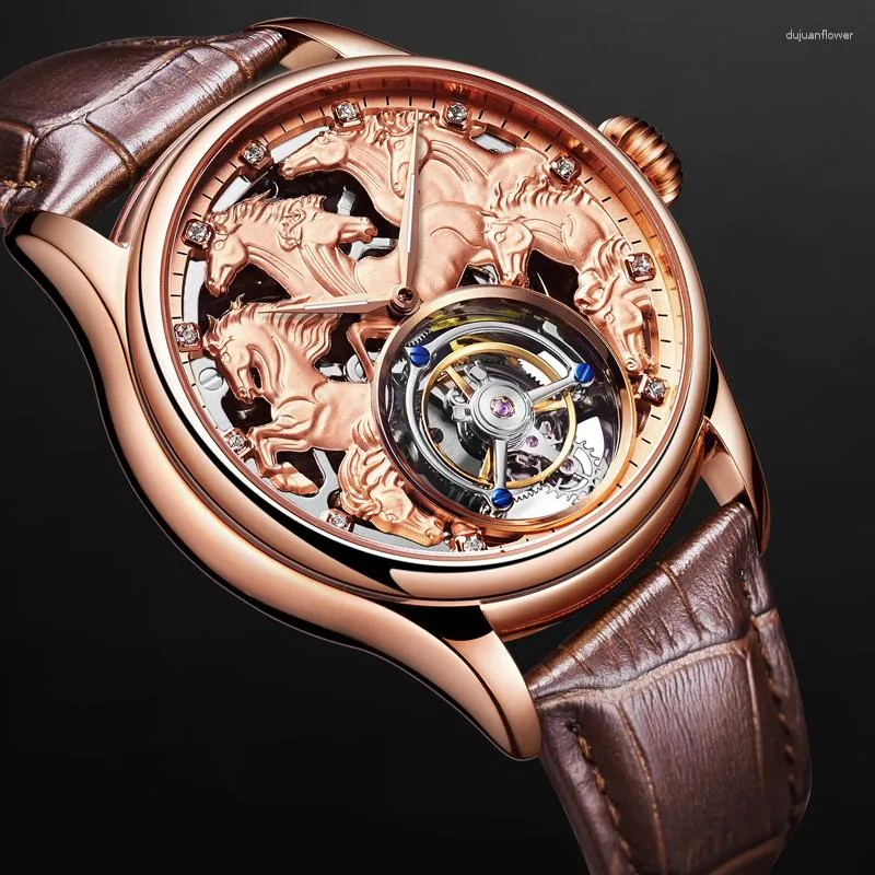 Relojes de pulsera Tourbillon de lujo para hombre Reloj mecánico Zodíaco Caballo Esqueleto 24K Cuero de oro Hombres Gaviota Zafiro Negocios Masculino