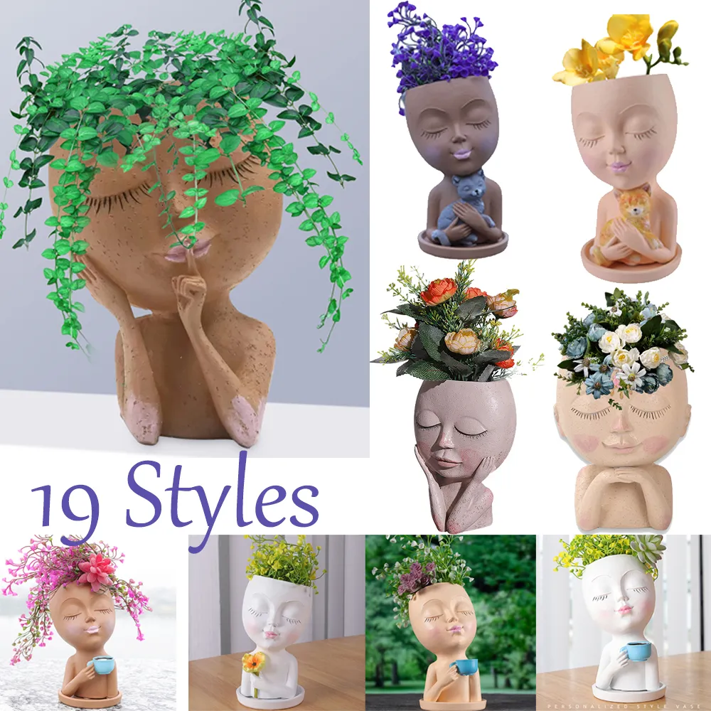 Planters Pots Girls Face Head Vases Flowers Decoration Resin Succulent Planting Flowerpot Gardening Growing Planter Flower Pot Table Ornaments 230829