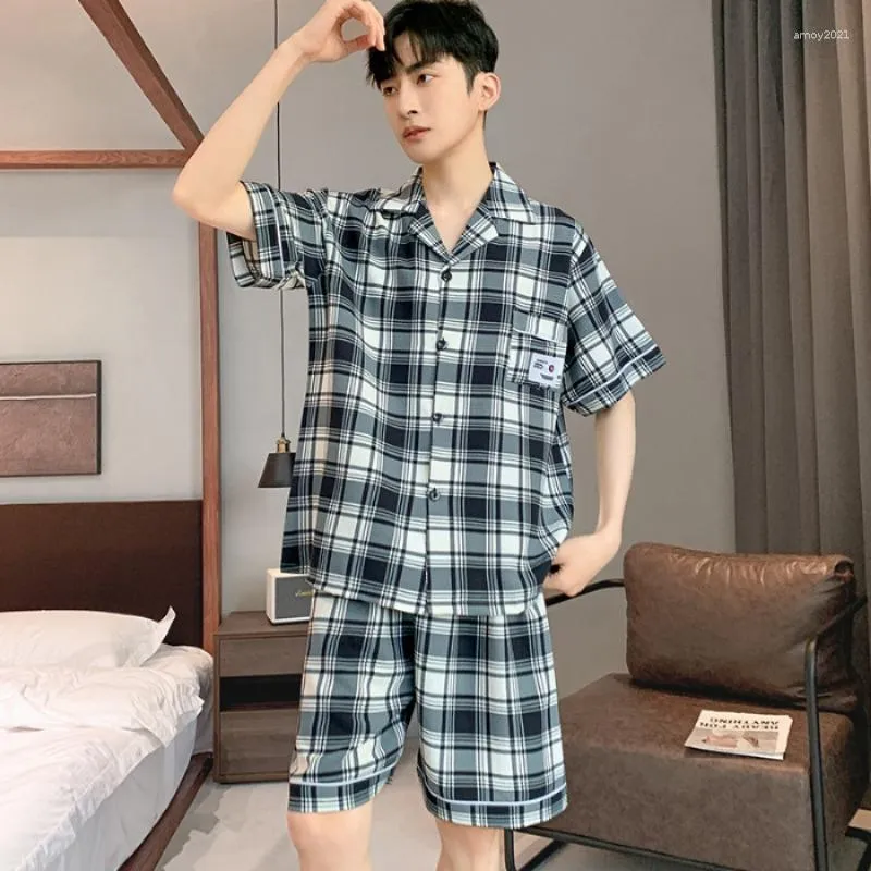 Ropa De Dormir Para Hombre Pijamas Cortos De Verano Trajes Para Hombre Y Nino Conjuntos De Algodon A Cuadros A La Moda Ropa Coreana Para El Hogar Pijama Para Hombre Dropship De