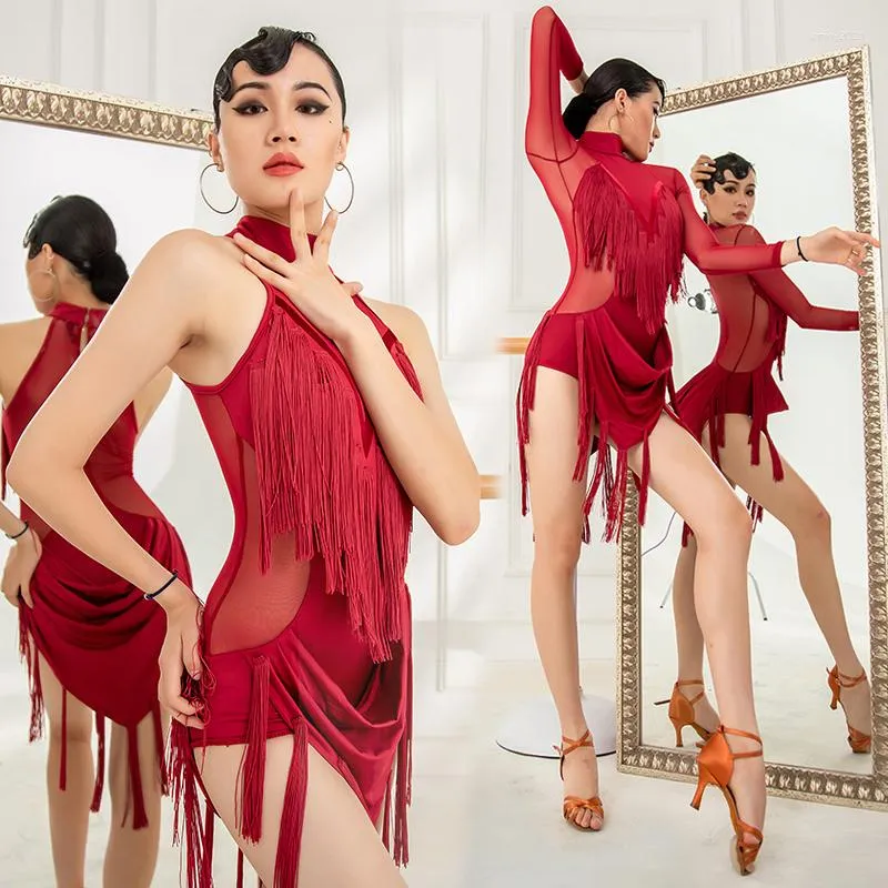 Stage Wear 2023 Red Latin Dance Dress Women Swing Fringe Sexy Salsa Costume Cha Rumba Adult Competition