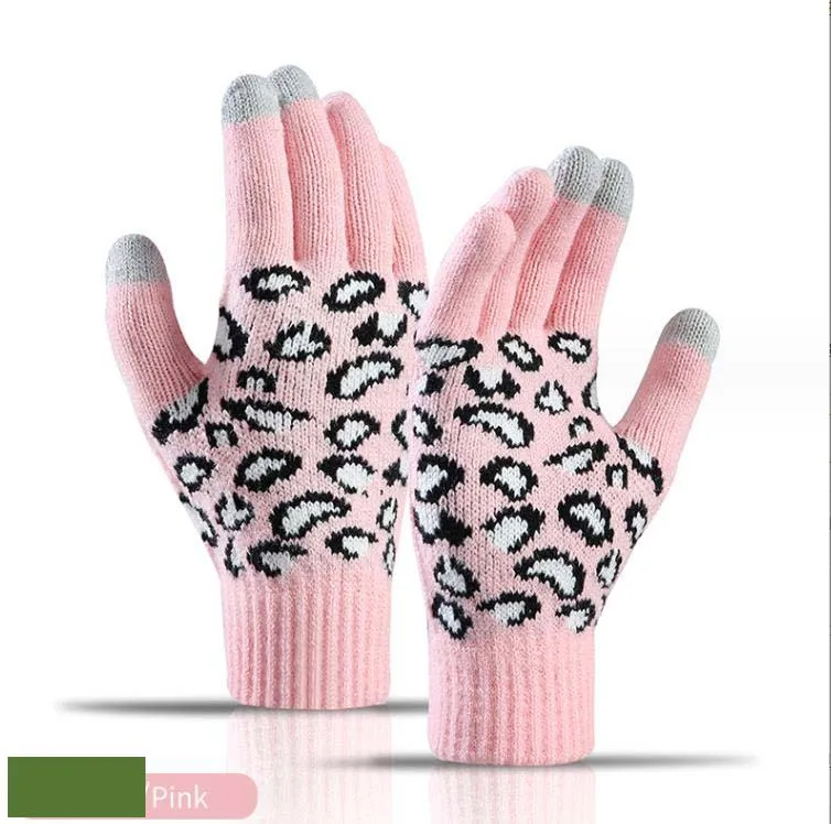 Ski Gloves Women Winter Warm Knit Gloves outdoor Korean version leopard jacquard Warmers touch screen knitted gloves df268
