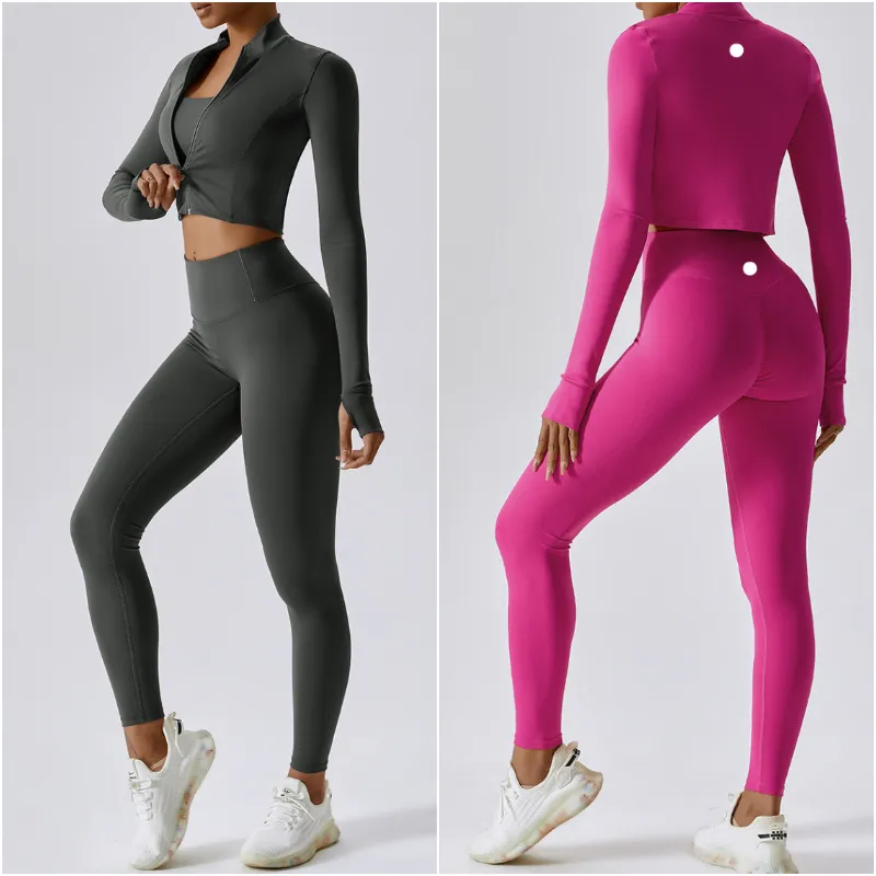 LL Womens Yoga Outfit Three Pieces Suits Vest+Pants+Jackets Exercise Close-Fitting Fitness Wear Running Elastic Workout Sportswear High Waist Trouser Tops