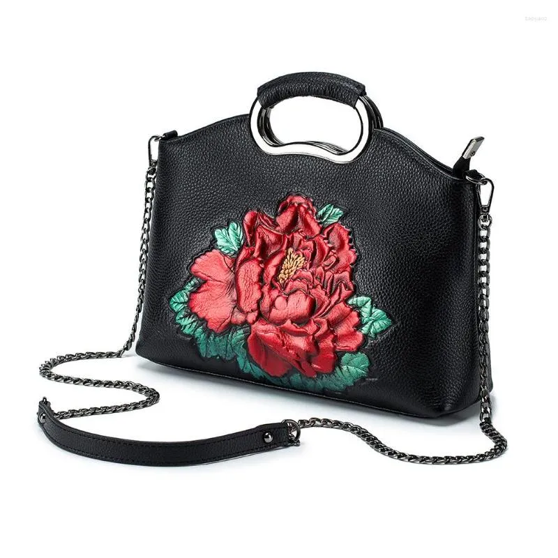 Bolsas de noite de couro genuíno artesanal retro para as mulheres 2023 bolsas de luxo mulher designer bolsa de ombro floral senhoras bolsa