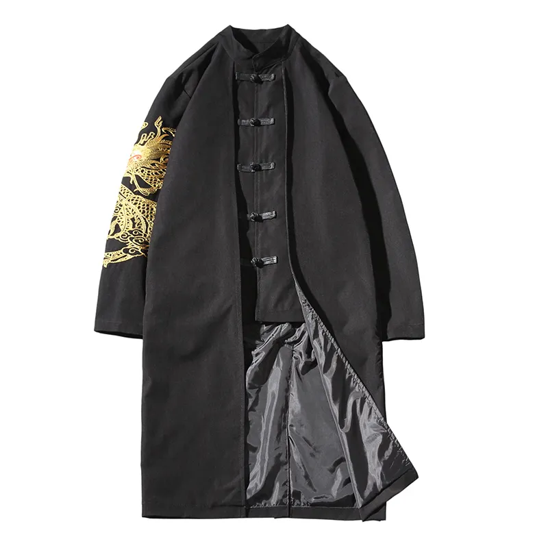 Men's Long Trench Coat with Golden Dragon Embroidery Stand Collar