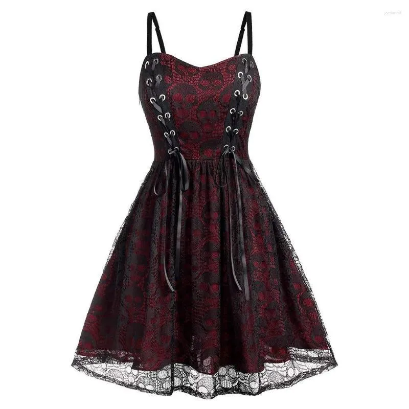 Robes décontractées Femmes Robe Gothique Noir Plus Taille Halloween Dentelle Mesh Patchwork Sans Manches Camisole Fête Élégante