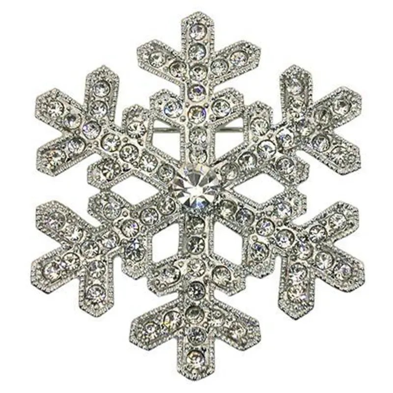 2 Inch Rhinestone Crystal Diamante Snowflake Brooch Silver Tone