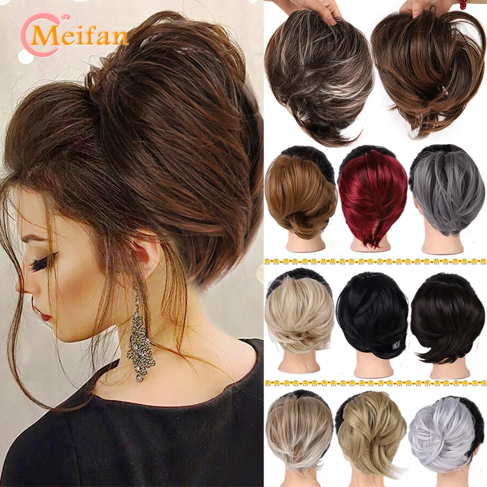 Perucas sintéticas Meifan sintético bagunçado scrunchies donut cabelo arco chignon cabelo reto elástico de borracha cabelo bun falso hairpieces 230828