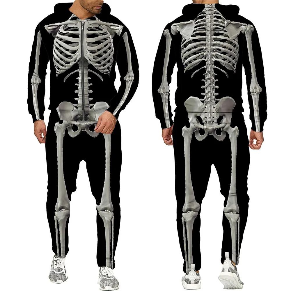 Herrspåriga Halloweeen Cosplay Skeleton Splanchna 3D över hela utskrift av dragkedja Tracksuits Mens Hoodie Pants 2 PCS Set Streetwear Suits 230829