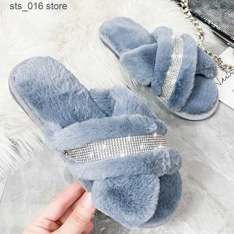 Quarto quente Novo inverno Rhinestone Faux House Slippers Fur Ladies Sapatos planos SLIP-O-O-ON Indoor Mulheres Plus T230828 454