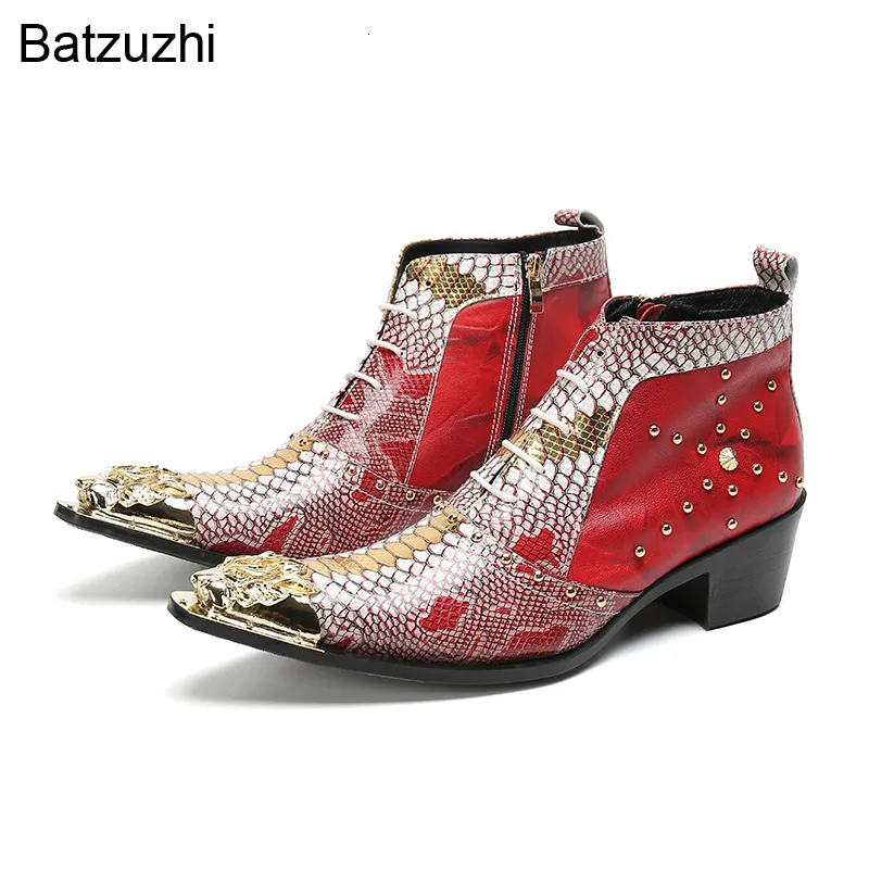 Botas Batzuzhi Design Mens Sapatos Ouro Ferro Toe Tornozelo De Couro Vermelho para Homens Snake Skin Fashion PartyWedding 230829