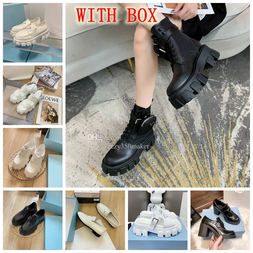 Monolith Polish in pelle in pelle nylon marsupio stivali da combattimento caviglia piattaforma cunei allacciati tacchi a blocchi rotondi con bottini piatti designer di lusso grosso da donna scarpe abbigliamento da donna