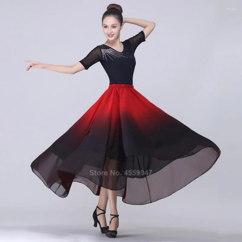 Scane Wear Spanien Spanish Flamenco kjol Kvinnor Transparent Chiffon Gradient Fading Color Belly Dress Big Swing Team Performance