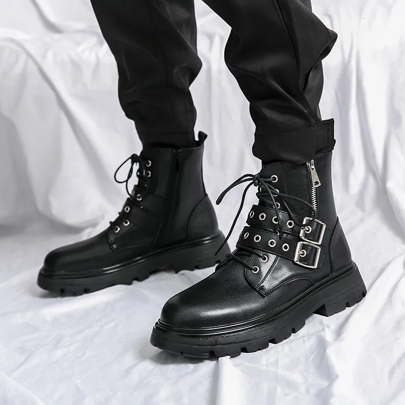 Botas outono inverno de alta qualidade preto motociclista bota homens moda plataforma segurança hightop sapatos de couro botas hombre 230829