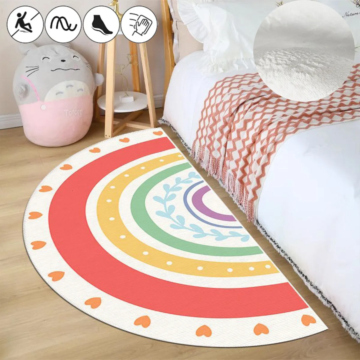 Tapis demi-cercle arc-en-ciel pour chambre à coucher, chevet, tapis en flanelle douce, coloré, antidérapant, lavable, pour salon, 230828