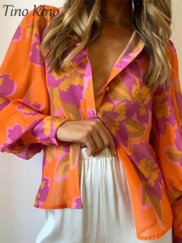 Damesblouses Overhemden Lange pofmouwen Print Damesoverhemd Elegante revers Kleurrijk Kantoor Damesoverhemden Lente Zomer Mode All-match Top Dames 230829