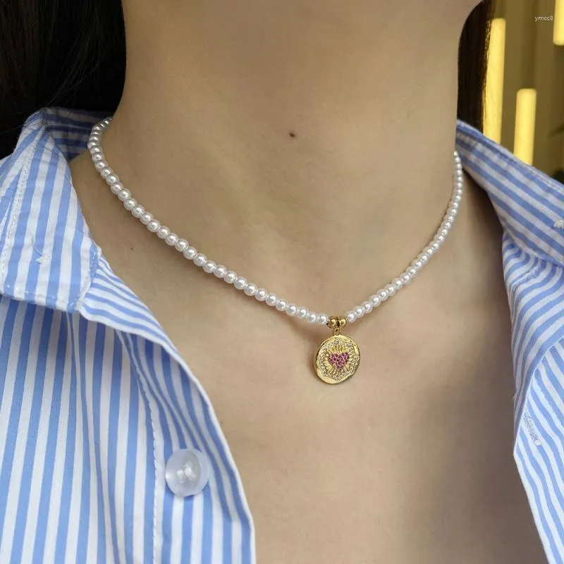 Pendant Necklaces Red Heart Copper Inlay Zircon Stars Imitation Pearl Necklace For Women Gold Color Collar Stainless Steel Clasp