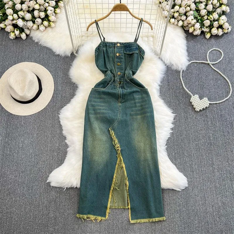 Casual Dresses Vintage Fashion Sexy Strap Dress for Women Slim Single Breasted A Line Split denim French Retro Midi Vestidos Jeans Z1950