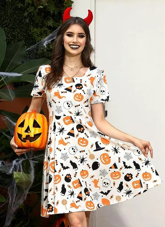 Vintage Printed Short Sleeve Halloween A-Line Short Sleeve Dress for Women - Perfect for Parties